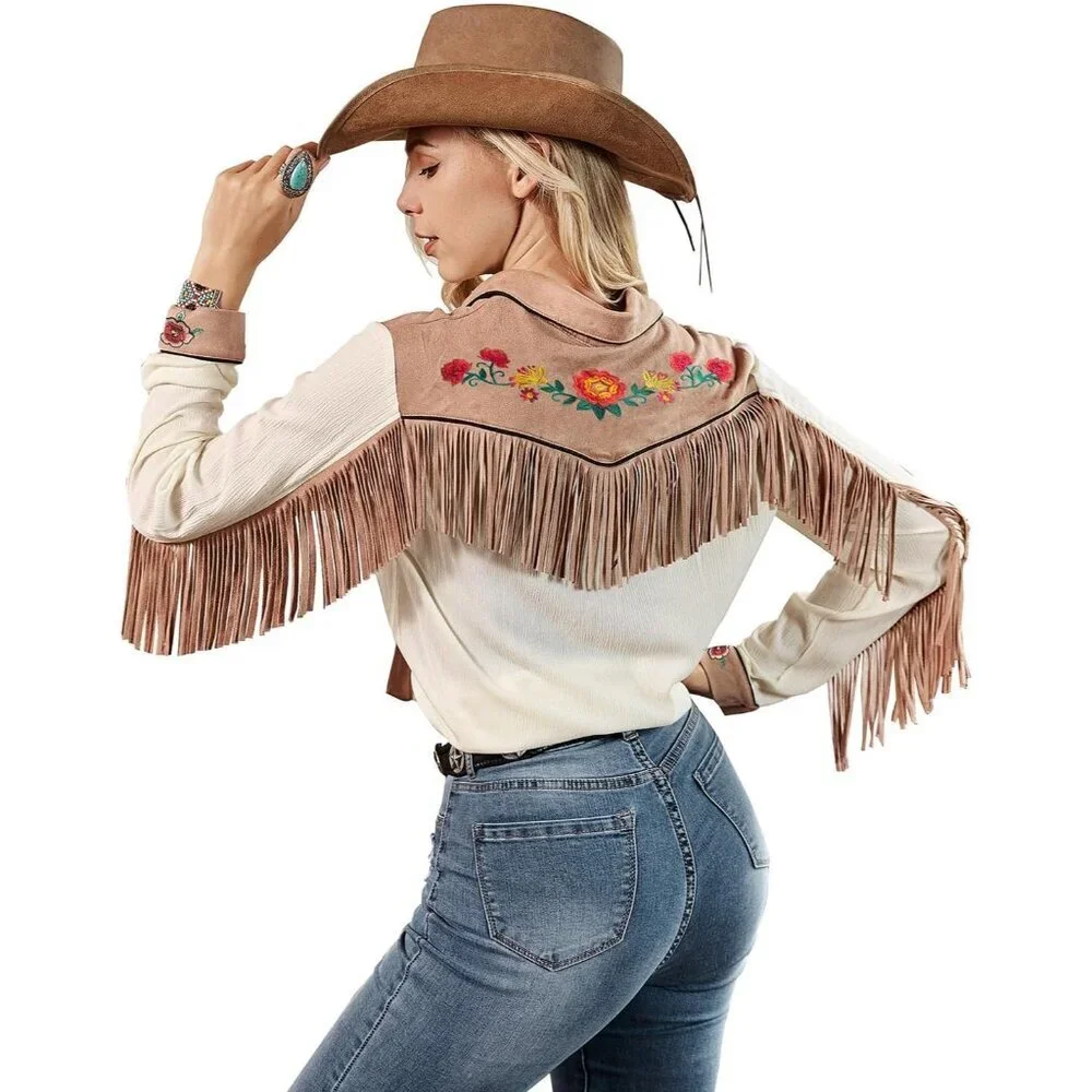 Women's White Fringe Long Sleeve Floral Embroidered Button Down Blouse Shirts - Picture 2 of 5